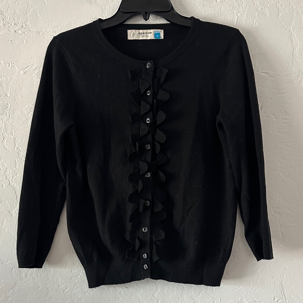 Sparrow Ruffle Front Black Cardigan – Size M, Button Down, Long Sleeve